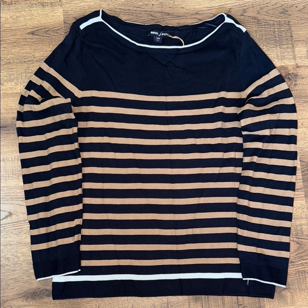 NAUTICA Navy and Beige Striped Sweater Size L/G